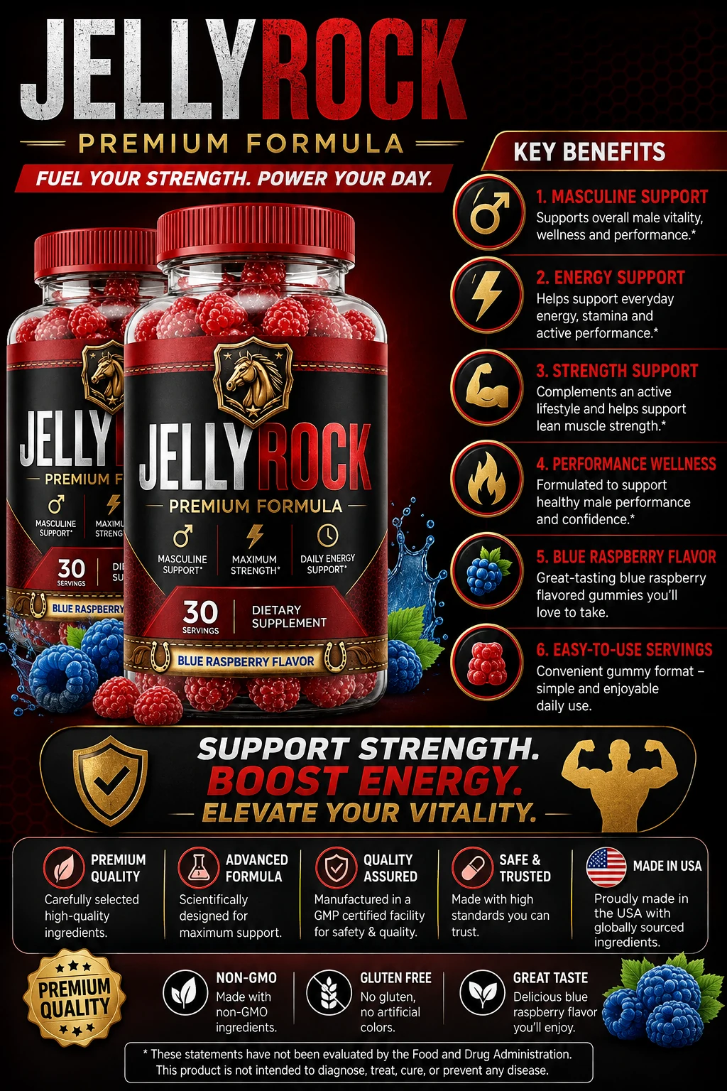 JellyRock key benefits — masculine support, energy, strength, performance wellness, blue raspberry flavor and easy servings